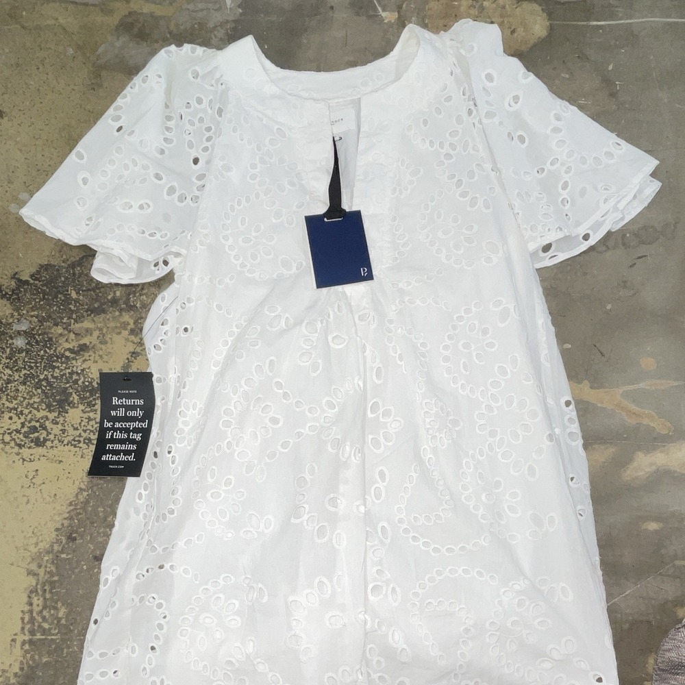 Pomander Place White Cotton Eyelet A-Line Mini Dress Flutter Short Sleeve S
